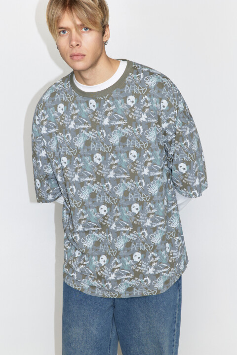 

Футболка oversize хлопковая со сплошным принтом, Серый, Футболка oversize хлопковая со сплошным принтом