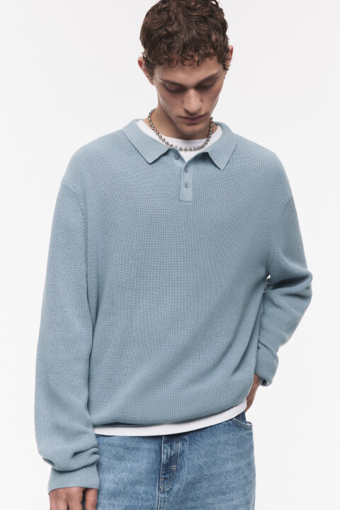 

Джемпер вязаный хлопковый с воротником-поло, Голубой, Джемпер вязаный хлопковый с воротником-поло
