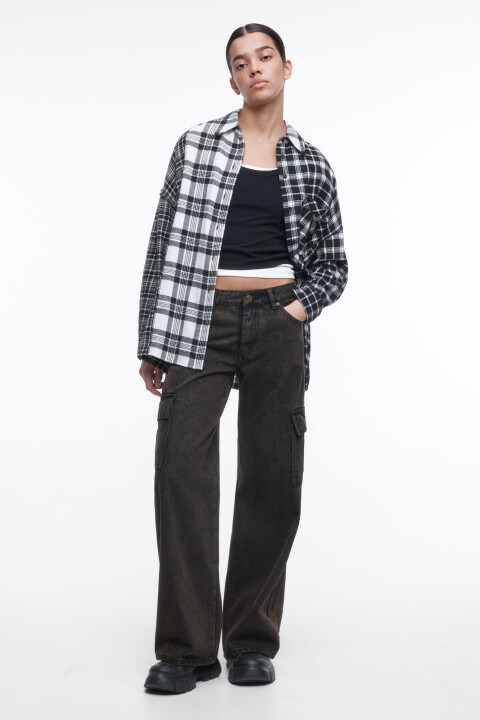 

Рубашка oversize клетчатая в стиле пэчворк, Черный, Рубашка oversize клетчатая в стиле пэчворк