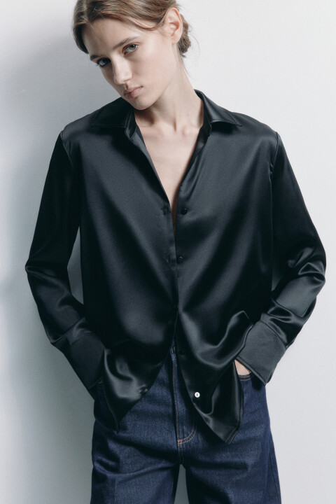 

Блузка-рубашка атласная с длинными рукавами, Черный, Блузка-рубашка атласная с длинными рукавами