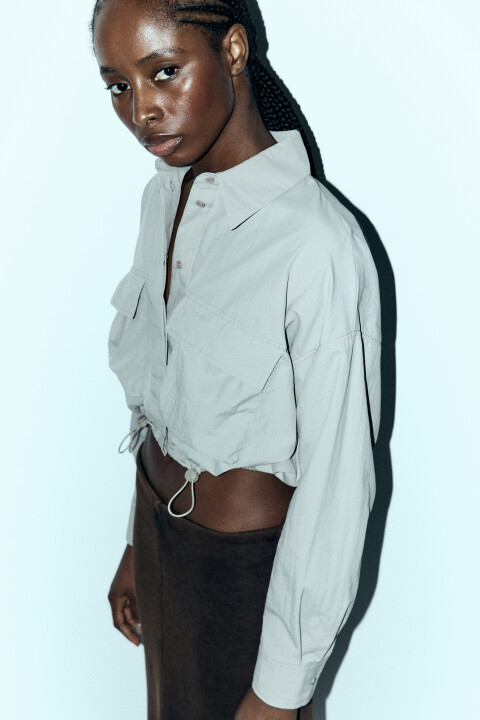 

Рубашка укороченная с утяжками по низу, Бежевый, Рубашка укороченная с утяжками по низу