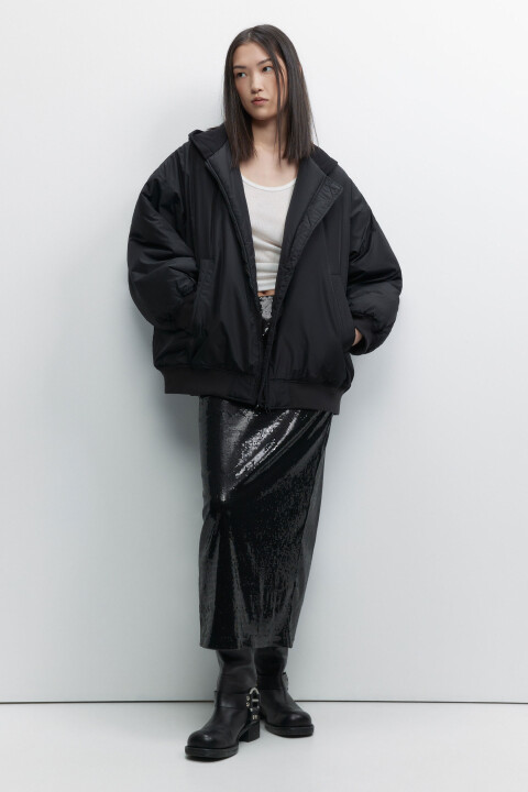 

Куртка-бомбер oversize с трикотажным капюшоном, Черный, Куртка-бомбер oversize с трикотажным капюшоном