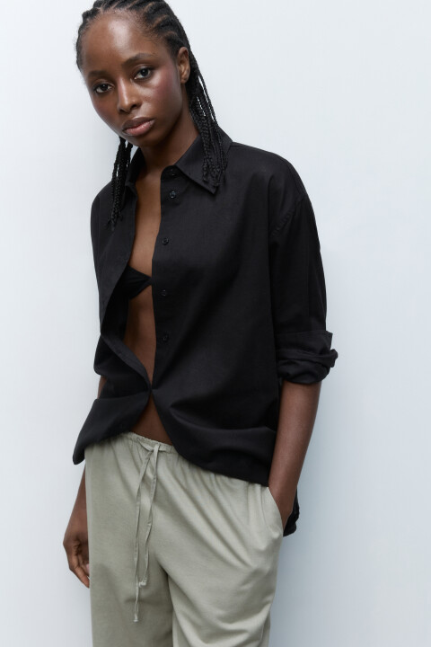 

Рубашка льняная с длинным рукавом, Черный, Рубашка льняная с длинным рукавом