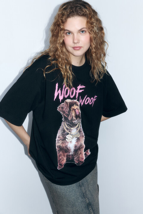 

Футболка oversize с принтом и надписями, Черный, Футболка oversize с принтом и надписями