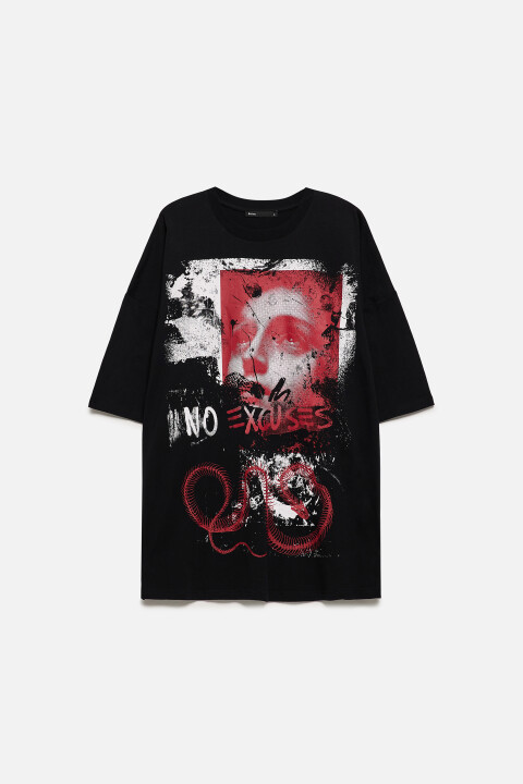 

Футболка oversize с принтом, Черный, Футболка oversize с принтом