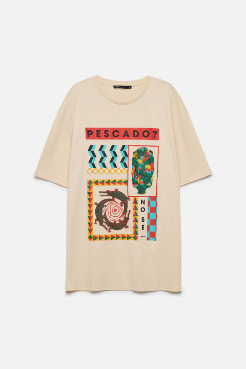 

Футболка прямая хлопковая с принтом, Бежевый, Футболка прямая хлопковая с принтом