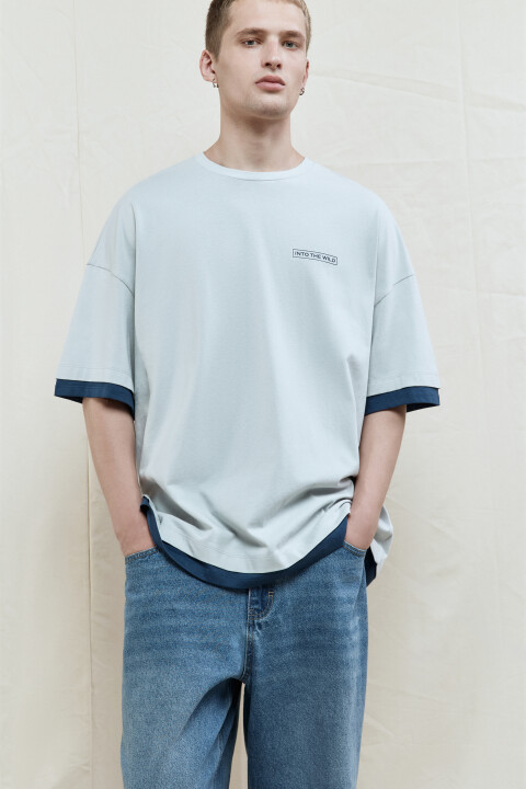 

Футболка с принтом и имитацией второго слоя, Бежевый, Футболка с принтом и имитацией второго слоя