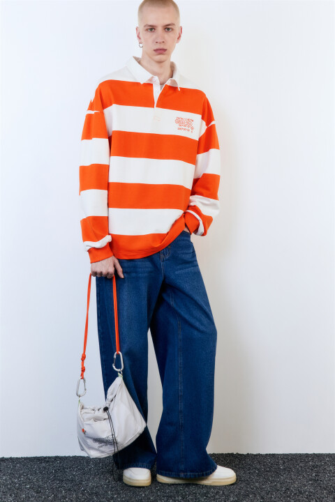 

Свитшот в полоску с надписью на груди, Оранжевый, Свитшот в полоску с надписью на груди