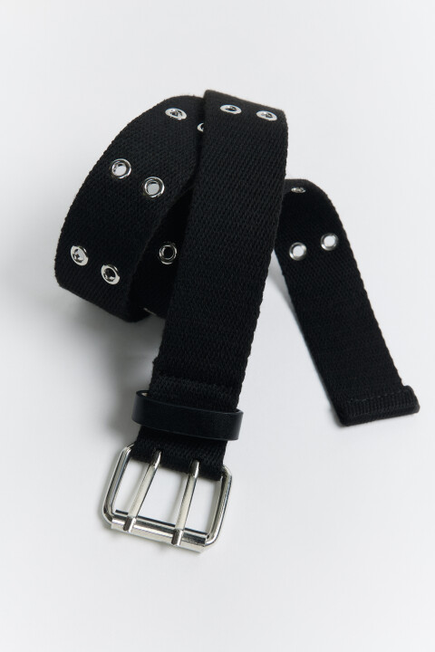 

Ремень текстильный с двойным рядом люверсов, Черный, Ремень текстильный с двойным рядом люверсов