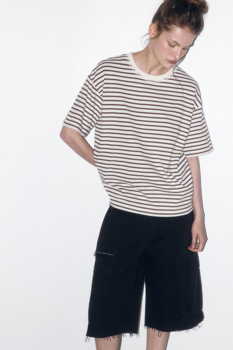 

Футболка oversize хлопковая в полоску, Бежевый, Футболка oversize хлопковая в полоску