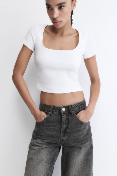 

Футболка-топ облегающая с вырезом-каре, Белый, Футболка-топ облегающая с вырезом-каре