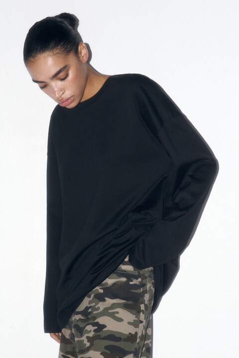 

Лонгслив базовый хлопковый свободного кроя, Черный, Лонгслив базовый хлопковый свободного кроя