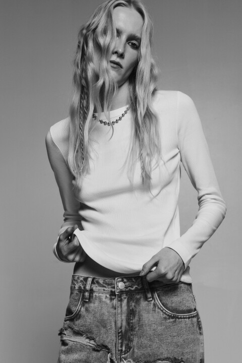 

Лонгслив базовый облегающий в рубчик, Белый, Лонгслив базовый облегающий в рубчик