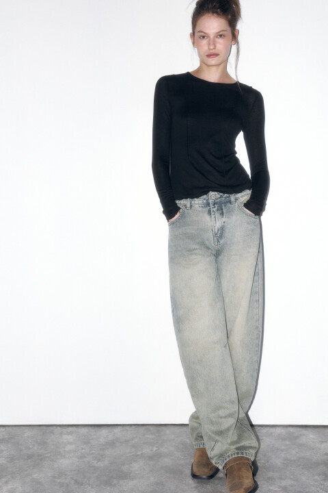 

Лонгслив приталенный с волнистыми краями, Черный, Лонгслив приталенный с волнистыми краями