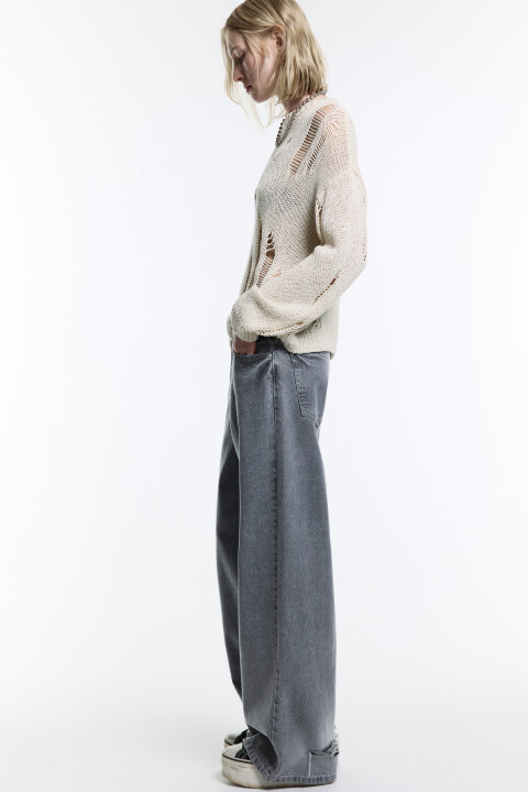 

Джинсы широкие с рваными штанинами, Серый, Джинсы широкие с рваными штанинами