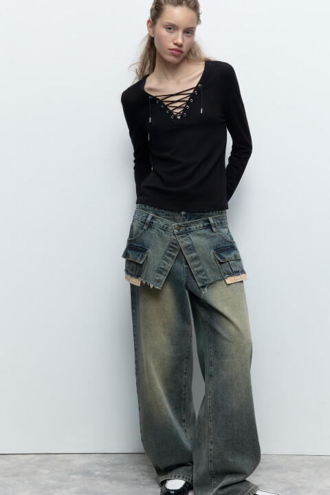 

Лонгслив в рубчик с V-вырезом и шнуровкой, Черный, Лонгслив в рубчик с V-вырезом и шнуровкой