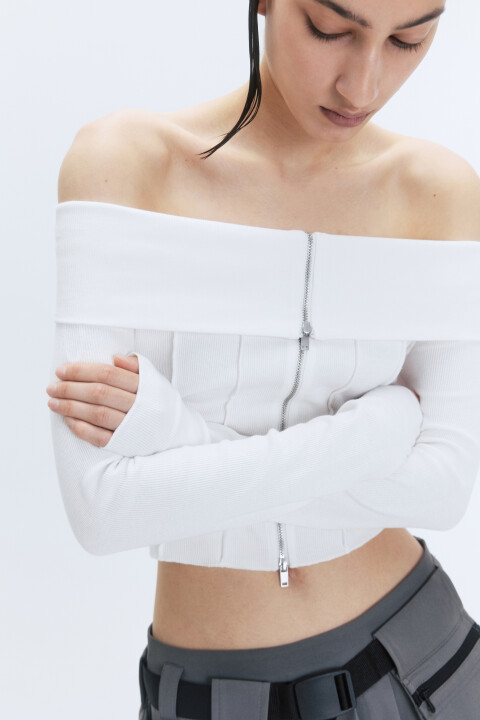 

Блузка-лонгслив на молнии с открытыми плечами, Белый, Блузка-лонгслив на молнии с открытыми плечами