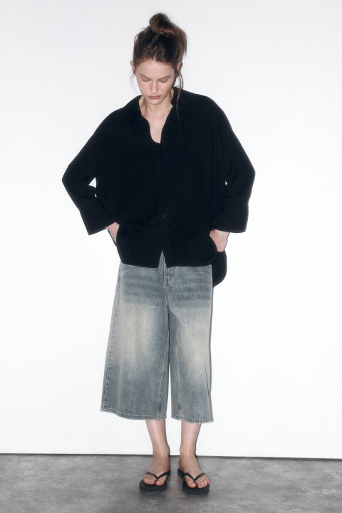 

Рубашка oversize льняная с укороченными рукавами, Черный, Рубашка oversize льняная с укороченными рукавами