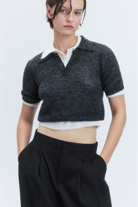 

Футболка-поло укороченная вязаная с шерстью, Серый, Футболка-поло укороченная вязаная с шерстью