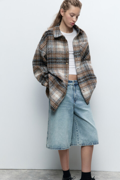 

Куртка-рубашка oversize клетчатая из ворсистой ткани, Коричневый, Куртка-рубашка oversize клетчатая из ворсистой ткани