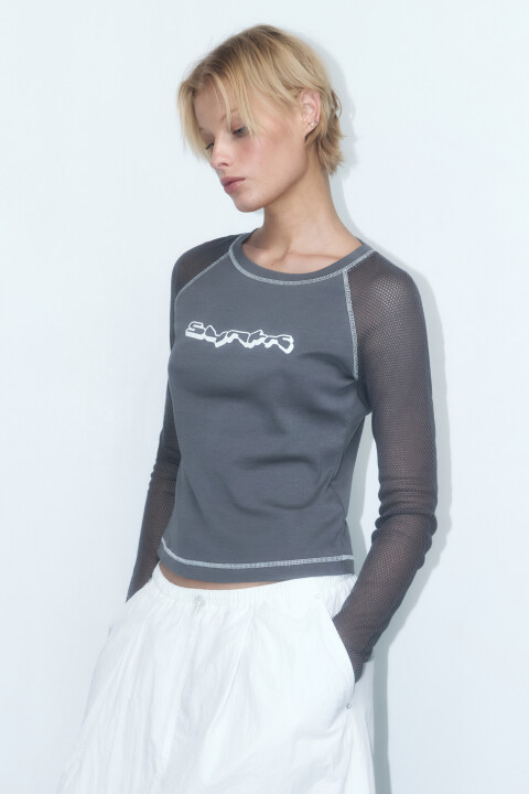 

Лонгслив облегающий с сетчатыми рукавами-реглан, Серый, Лонгслив облегающий с сетчатыми рукавами-реглан