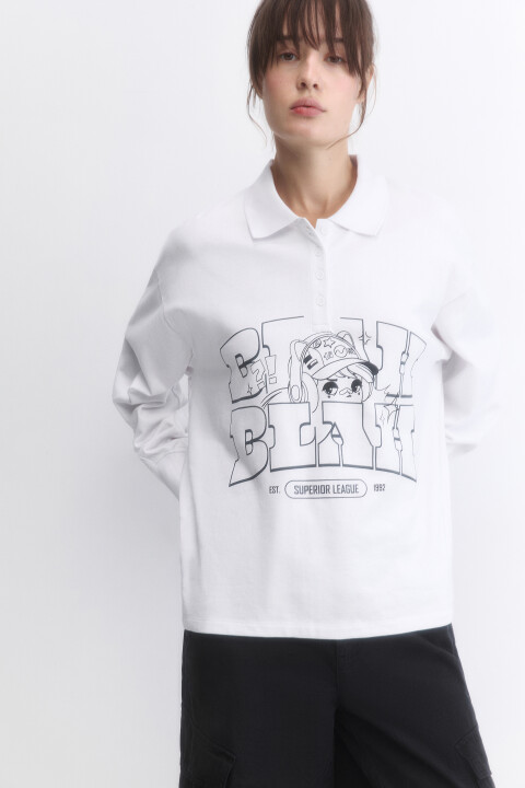 

Лонгслив-поло oversize с принтом, Белый, Лонгслив-поло oversize с принтом