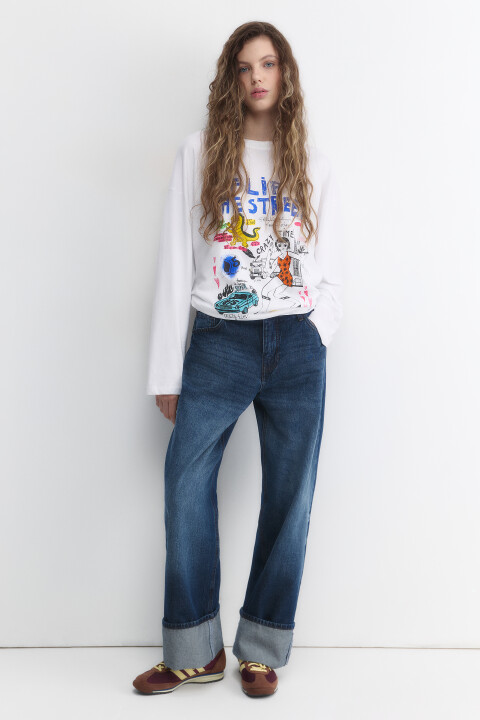 

Лонгслив oversize хлопковый с принтом, Белый, Лонгслив oversize хлопковый с принтом