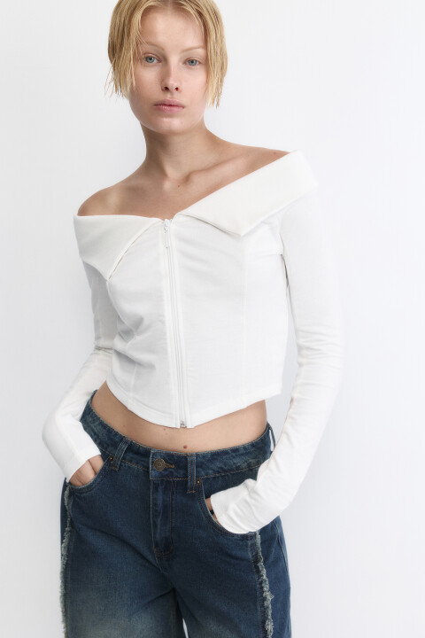 

Лонгслив на молнии с открытыми плечами, Белый, Лонгслив на молнии с открытыми плечами