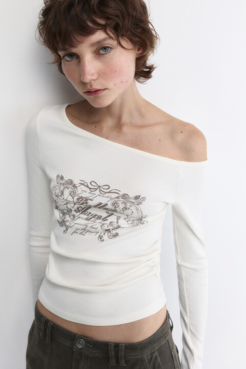 

Топ-лонгслив на одно плечо с принтом, Бежевый, Топ-лонгслив на одно плечо с принтом