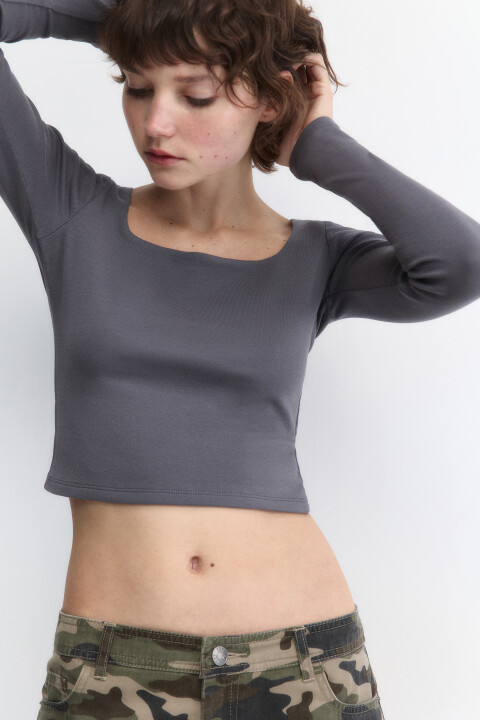 

Лонгслив укороченный с вырезом-каре, Серый, Лонгслив укороченный с вырезом-каре