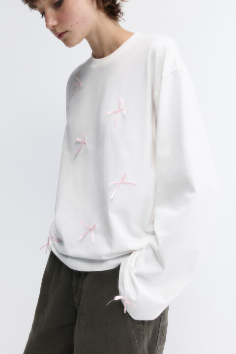 

Лонгслив хлопковый свободный с бантиками, Белый, Лонгслив хлопковый свободный с бантиками