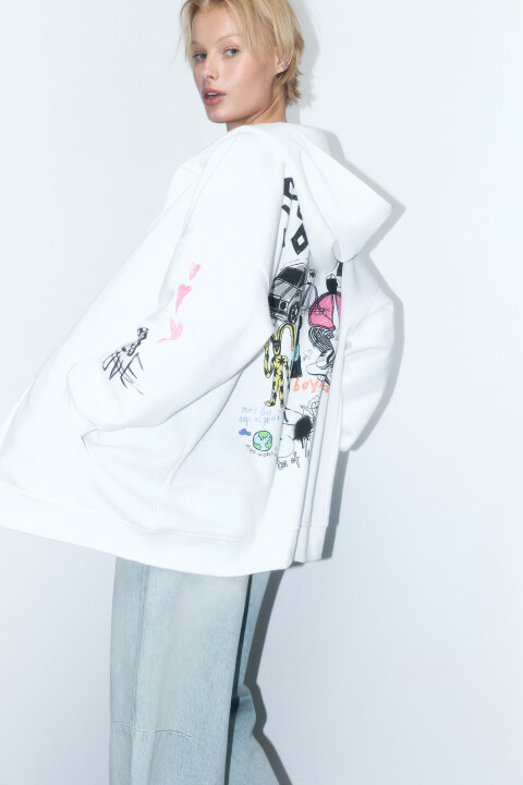 

Худи-зипка oversize с принтом и надписями, Белый, Худи-зипка oversize с принтом и надписями