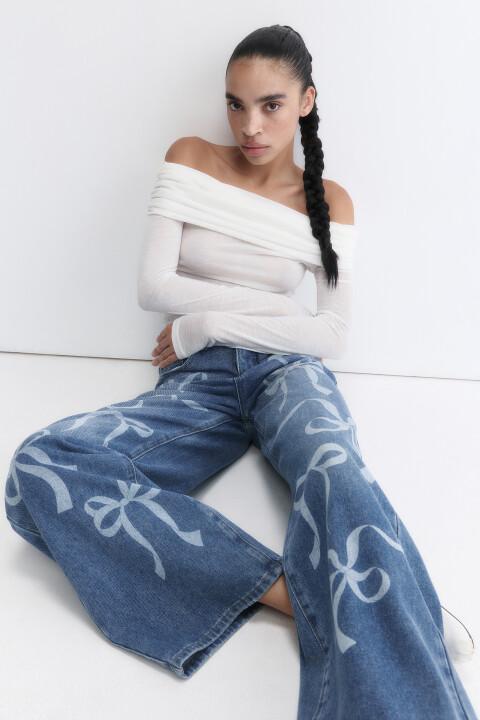 

Джинсы wide широкие с принтом-вытравкой, Голубой, Джинсы wide широкие с принтом-вытравкой