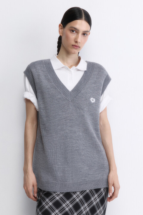 

Жилет вязаный свободный с V-вырезом, Серый, Жилет вязаный свободный с V-вырезом