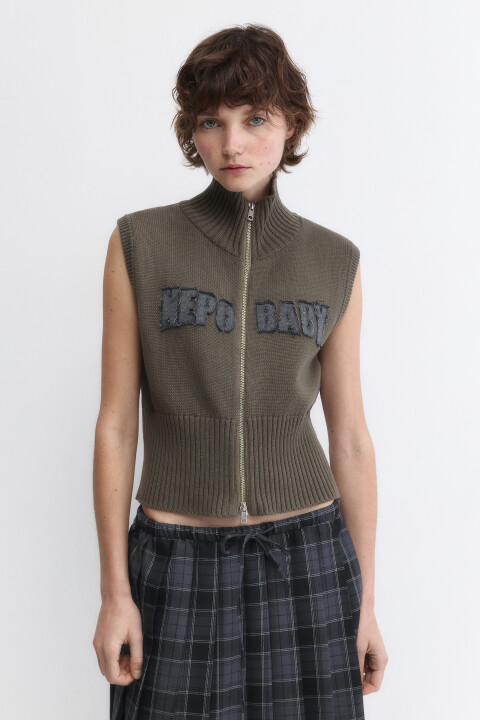 

Жилет вязаный на молнии с воротником-стойкой, Зеленый, Жилет вязаный на молнии с воротником-стойкой