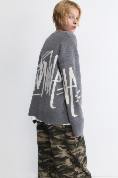 

Джемпер oversize вязаный с принтом, Серый, Джемпер oversize вязаный с принтом