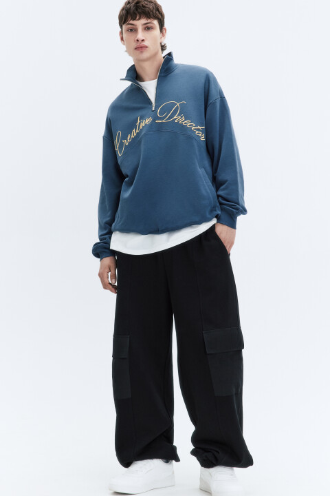 Брюки трикотажные широкие с накладными карманами, Черный, Брюки трикотажные широкие с накладными карманами