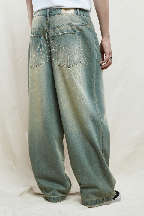 

Джинсы экстраширокие с вышитой надписью, Голубой, Джинсы экстраширокие с вышитой надписью