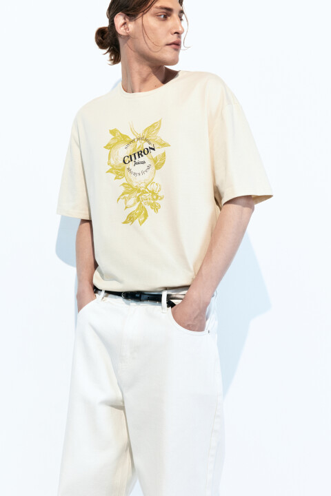 

Футболка oversize хлопковая с принтом, Бежевый, Футболка oversize хлопковая с принтом