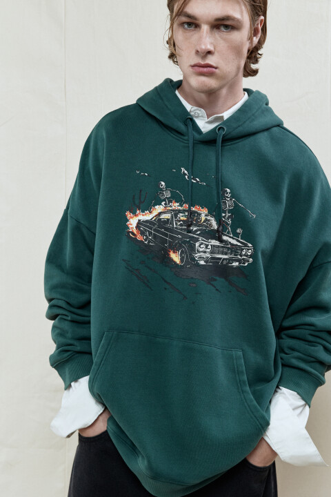

Худи oversize с капюшоном и принтом, Зеленый, Худи oversize с капюшоном и принтом