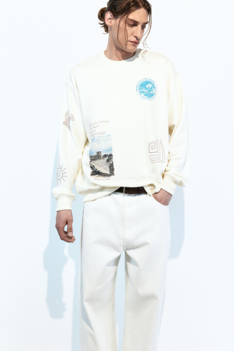 

Свитшот oversize из футера с принтом, Белый, Свитшот oversize из футера с принтом