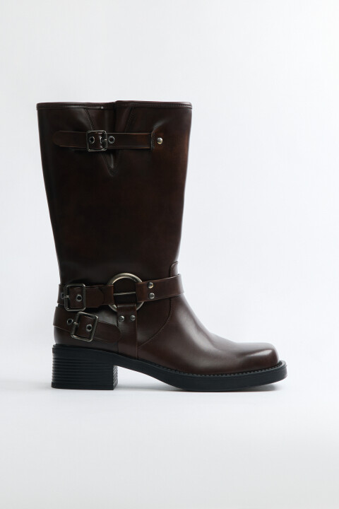 

Сапоги с пряжками в байкерском стиле, Коричневый, Сапоги с пряжками в байкерском стиле