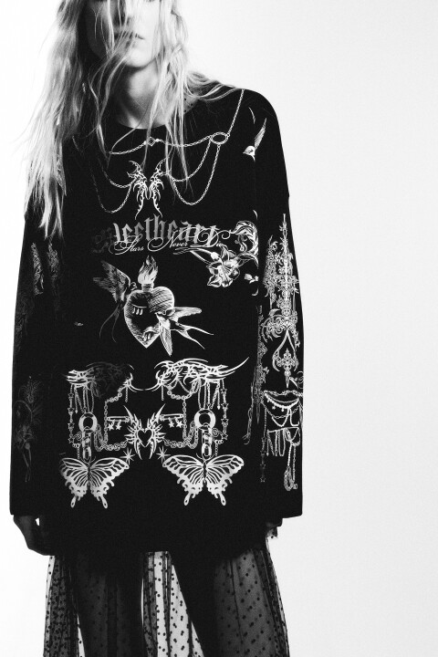 

Лонгслив oversize хлопковый с тату-принтом, Черный, Лонгслив oversize хлопковый с тату-принтом