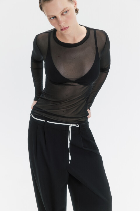 

Лонгслив приталенный из полупрозрачной сетки, Черный, Лонгслив приталенный из полупрозрачной сетки