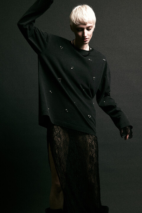 

Лонгслив oversize хлопковый со стразами, Серый, Лонгслив oversize хлопковый со стразами