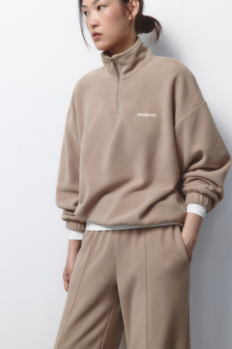 

Толстовка half zip флисовая с надписью, Бежевый, Толстовка half zip флисовая с надписью