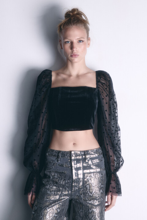 

Топ-корсет бархатный с пышными рукавами, Черный, Топ-корсет бархатный с пышными рукавами