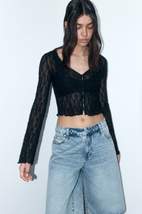

Блузка-лонгслив кружевная на пуговицах, Черный, Блузка-лонгслив кружевная на пуговицах