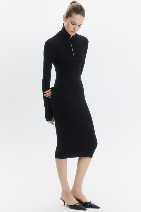 

Платье-свитер миди облегающее с воротником на молнии, Черный, Платье-свитер миди облегающее с воротником на молнии