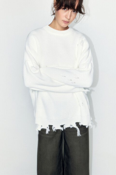 

Джемпер вязаный рваный в рубчик, Молочный, Джемпер вязаный рваный в рубчик